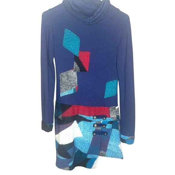 Sweater Womens Medium Navy Blue Patched Blue Wool Blend  Long Comfy Unique - Picture 1 of 11
